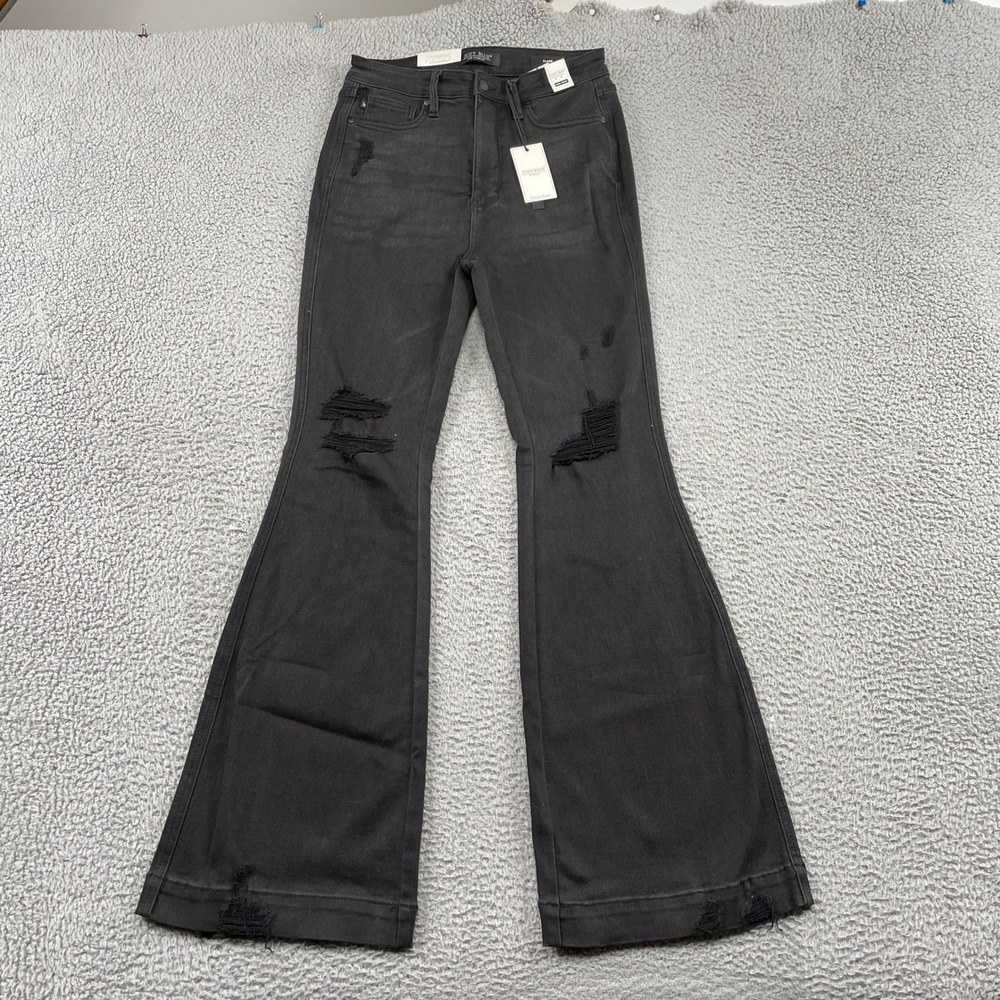 Judy Blue Jeans Womens 9/29 Black Flare High‎ Waist Distressed JB88622 BK Ripped